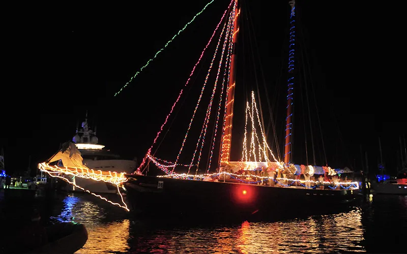 Schooner America 2.0 decked out in Holiday Lights for the Lighted Boat Parade in Key West Florida